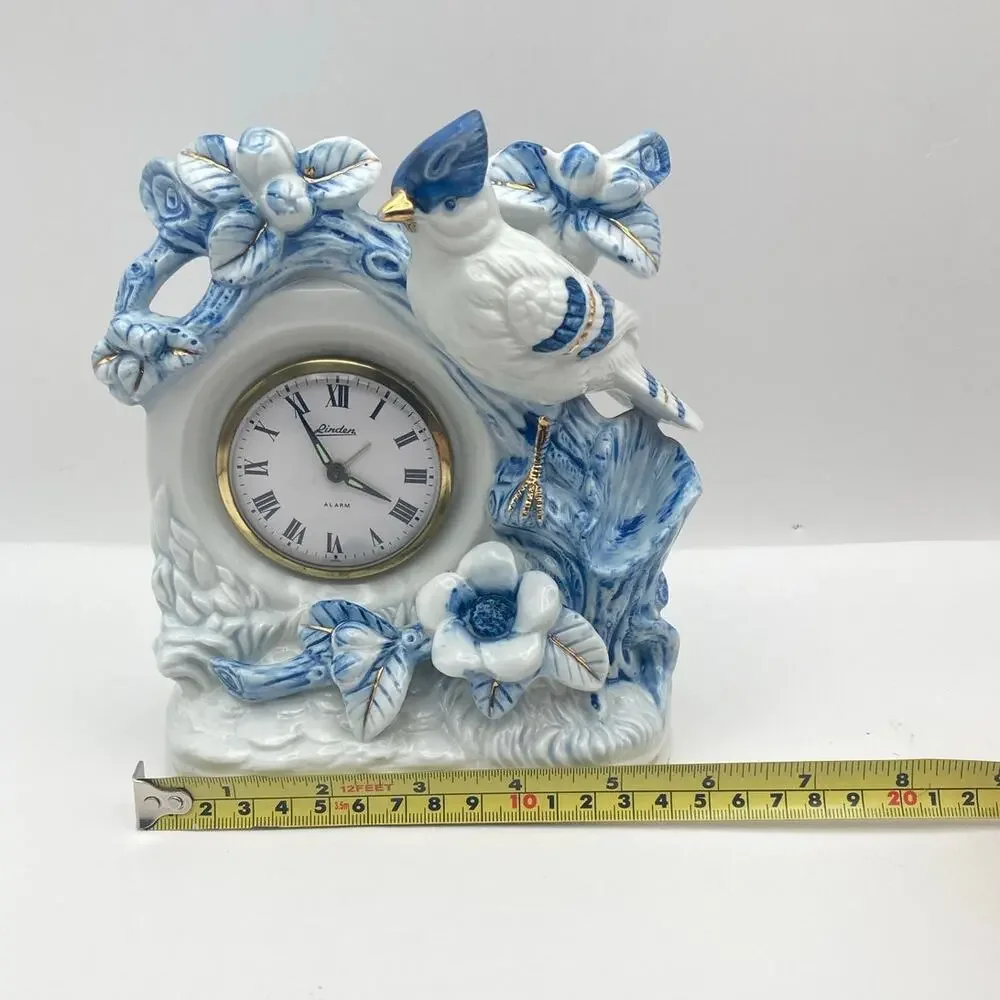 Vintage Linden Mechanical Mantle Alarm Clock Porcelain Blue Jay Gold Accents